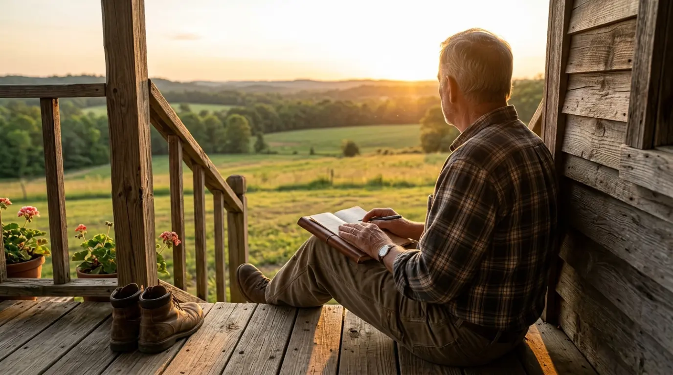 A man sitting at the stairs of his house looking at sun while holding and book.