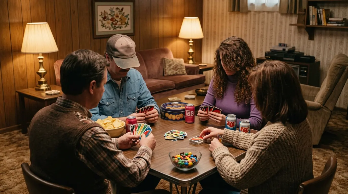 Family playing UNO card game in wood-paneled living room with vintage soda cans and snacks on a card table.