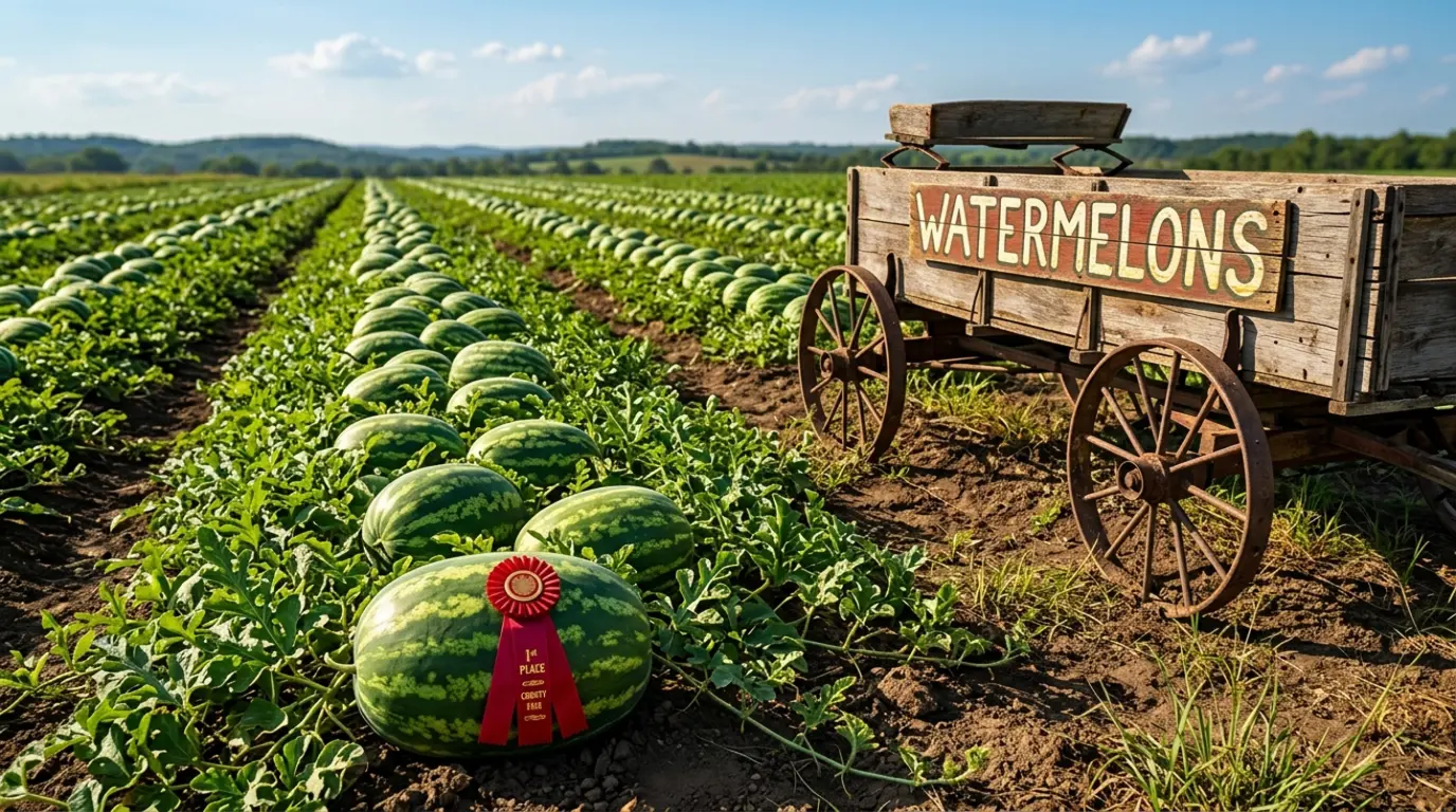Prize-winning watermelon with first-place ribbon in a field next to a vintage wooden cart in the countryside.