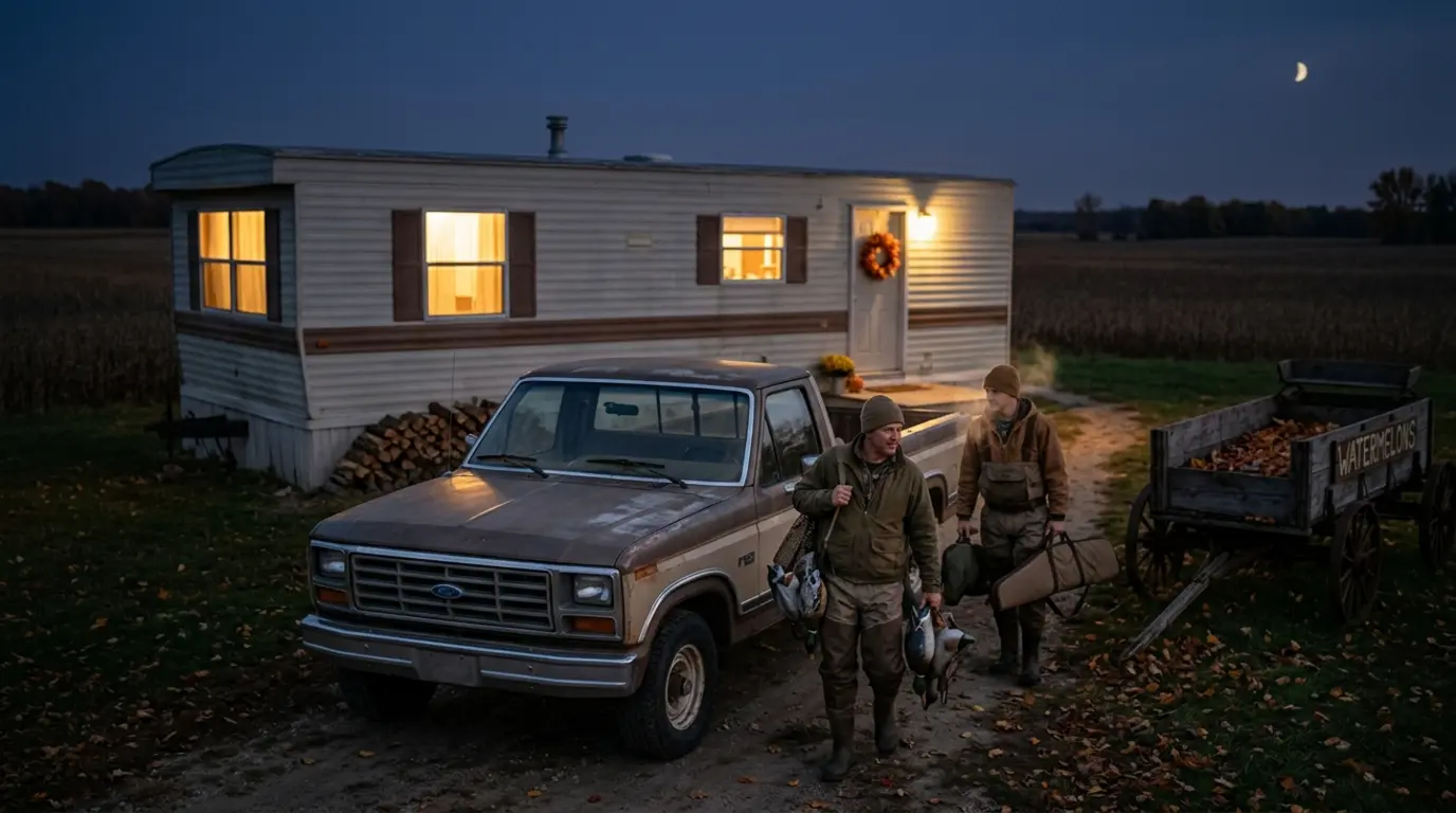 Hunters walking from a Ford truck past a watermelon cart at dusk toward a mobile home with bright windows.