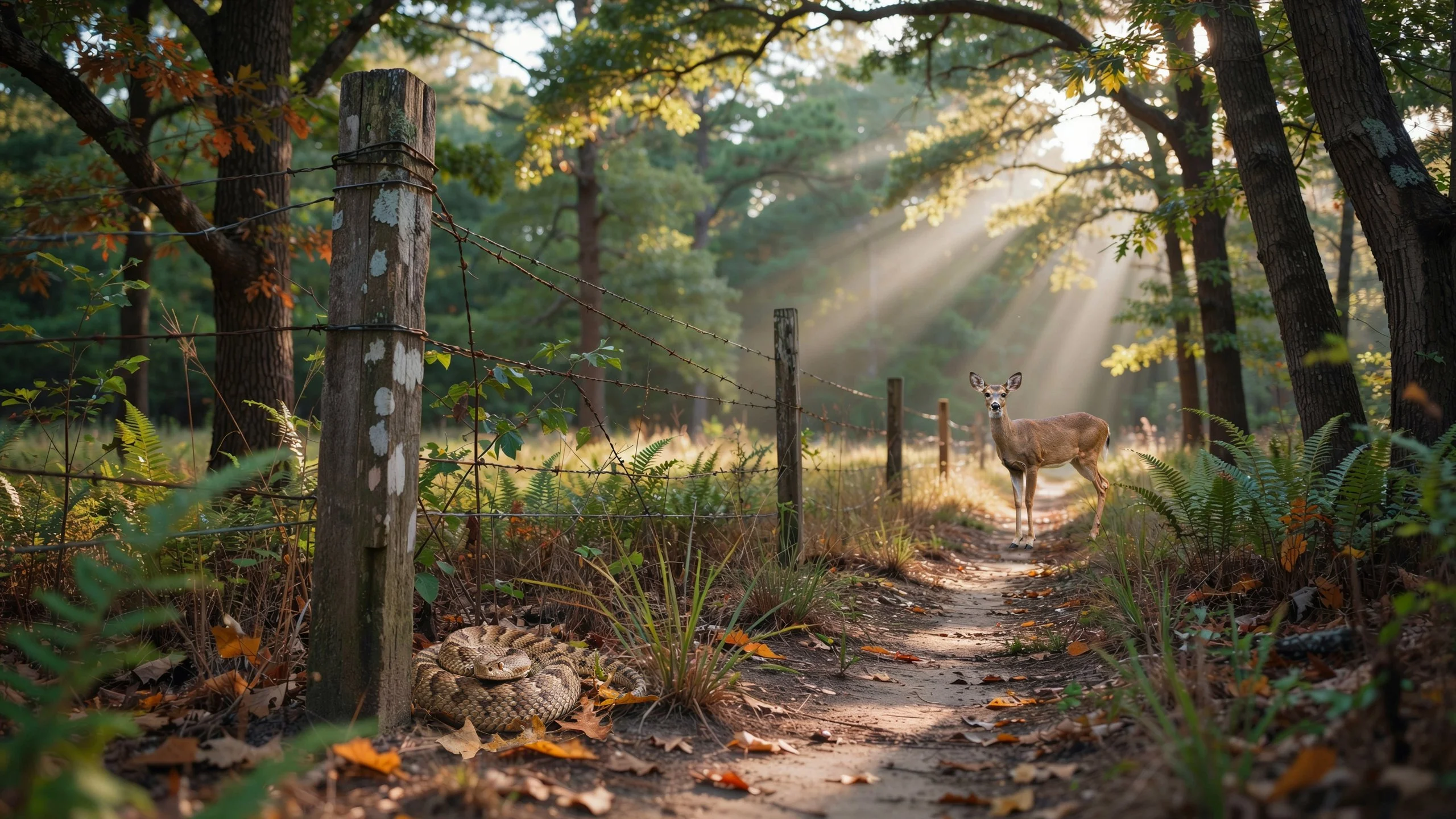 Rattlesnake on a forest trail next to a barbed wire fence while a young deer stands under sunbeams in the distance.