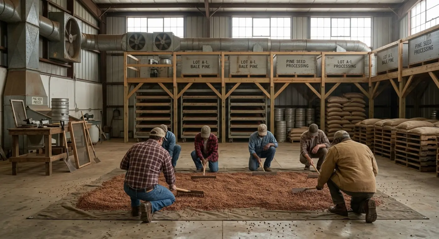 Workers wearing caps rake pine seeds on a large brown canvas inside an industrial processing facility.